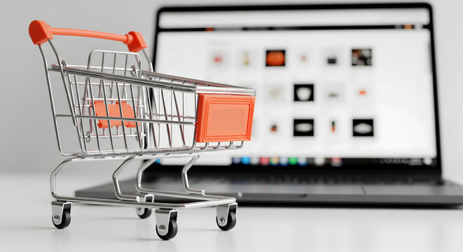 Shop online with ease using a modern laptop and vibrant shopping cart icon