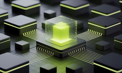 Modern technology concept with glowing green core shows digital innovation