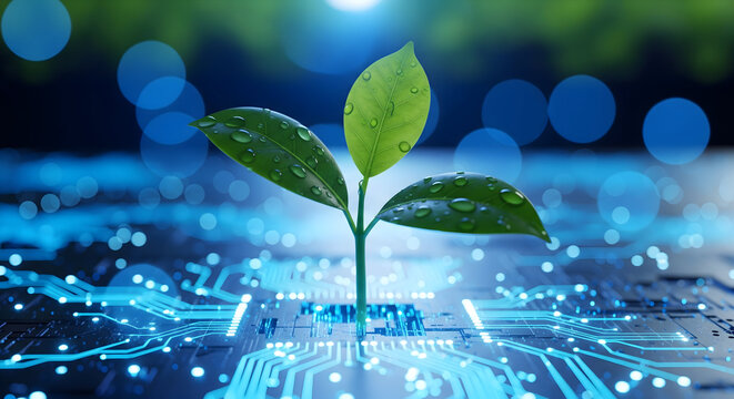 Green energy sprouting from technology with water droplets for sustainability - Powered by Adobe