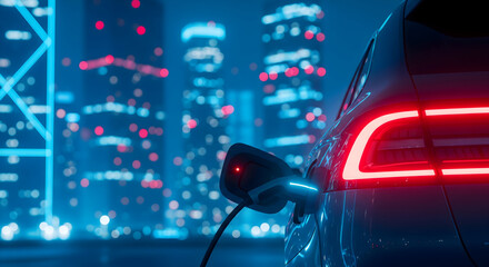 Sleek electric car charging in vibrant city at night under neon lights
