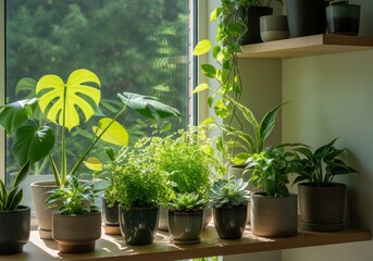 Indoor Plant Collection in Pots on Windowsill