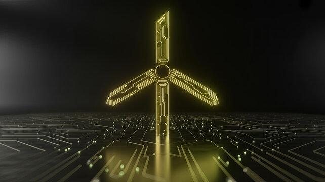Futuristic wind turbine with circuit board design symbolizes renewable energy innovation and technological advancement in sustainable power solutions