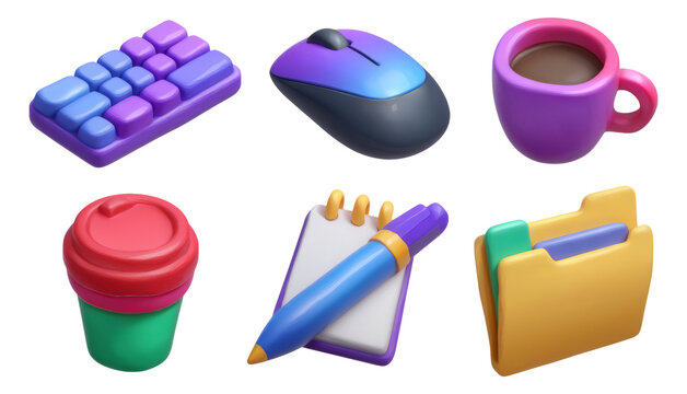 Colorful Office Icons Set with Keyboard, Mouse, Cup, Notepad, and Folders