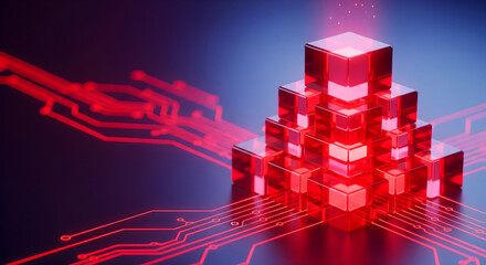 Futuristic technology with vibrant red circuit board and glowing data cubes
