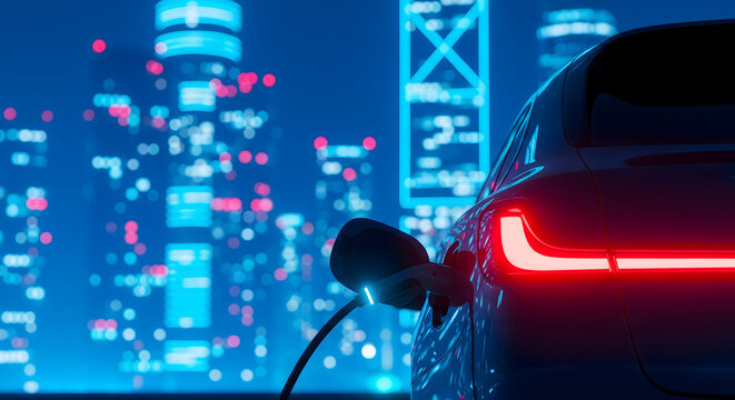 Sleek electric car charging against futuristic city skyline at night