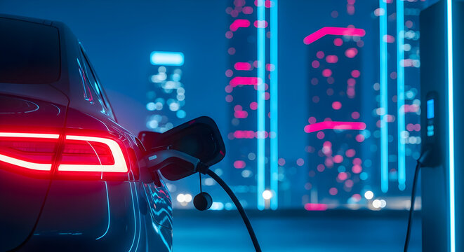 Sleek electric car charging at night against futuristic cityscape backdrop