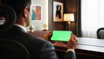 Hand holding smartphone horizontal green screen chroma key for business video conference mockup featuring executive man in suit sitting at office desk in modern corporate workplace interior