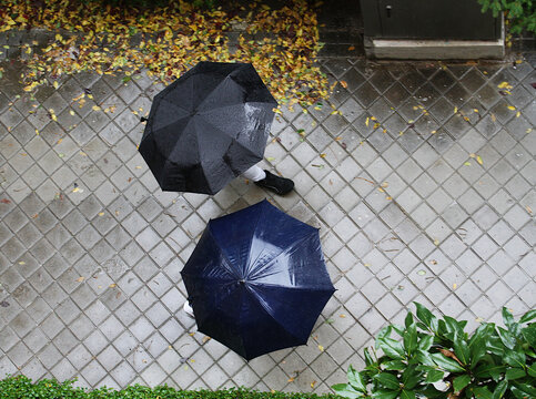 Paraguas en oto&ntilde;o vistos desde arriba en d&iacute;a de lluvia y tormenta en perspectiva a&eacute;rea cenital