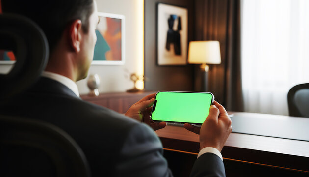Hand holding smartphone horizontal green screen chroma key for business video conference mockup featuring executive man in suit sitting at office desk in modern corporate workplace interior
