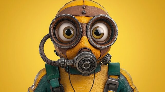 Yellow Cartoon Robot with Goggles and Respirator