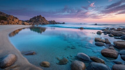 A serene beach scene with rocks and calm water reflecting the colorful sunset sky creating a peaceful landscape