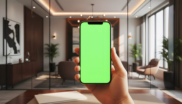 Hand holding mobile smartphone with blank green screen chroma key for mockup in modern sunny office interior with glass walls desk and plants background for business app display - Powered by Adobe