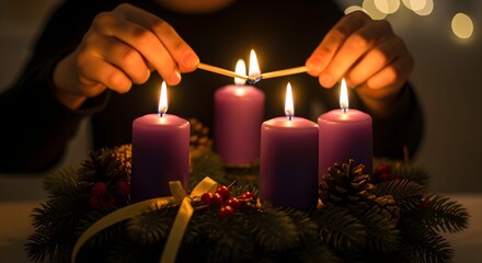 Hands lighting the first candle on an Advent wreath, symbolizing hope and anticipation.