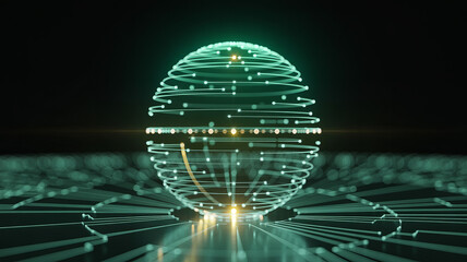 Futuristic glowing sphere with intricate network connections, ideal for technology, innovation, and global communications concepts with a modern digital aesthetic