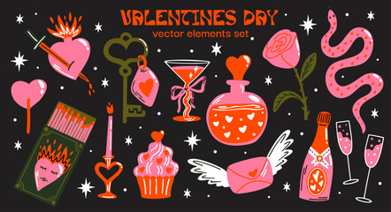 Valentines day, love date themed vector sticker elements set. Collection of whimsical fantasy witchy aesthetic cartoon illustration of magical love potion, rose flowers, candle, cupcake, 14 february