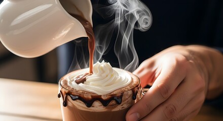 Warm hands cradle a steamy mug of rich hot chocolate, topped with creamy whipped cream and a drizzle of chocolate sauce.