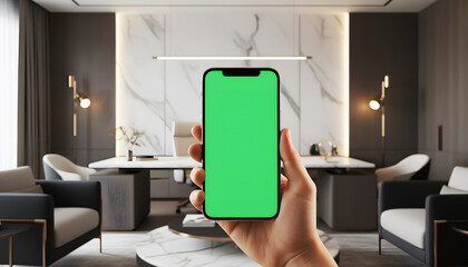 Hand holding mobile smartphone with blank green screen chroma key for mockup in modern luxury executive office interior with marble wall background for business app display