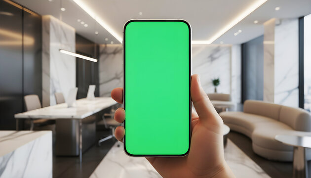 Hand holding mobile smartphone with blank green screen chroma key for mockup in modern luxury office lounge interior with marble floor and sofa background for business app display - Powered by Adobe
