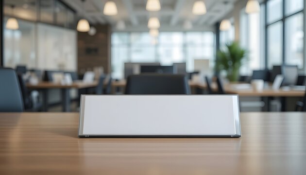 Blank nameplate awaits customization in modern office space, perfect for branding, announcements, or employee recognition in a dynamic corporate setting