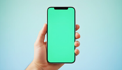 Hand holding smartphone with vivid green screen on simple soft background. Ideal for app showcase, digital content, UI mockups, and chroma key design projects.