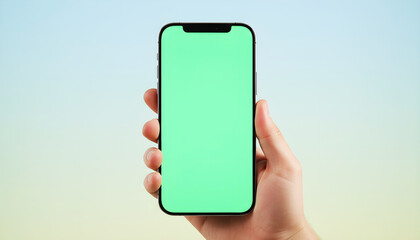 Hand holding smartphone with clear green screen on smooth soft background. Perfect for app mockups, digital marketing, UI/UX design, and chroma key projects.