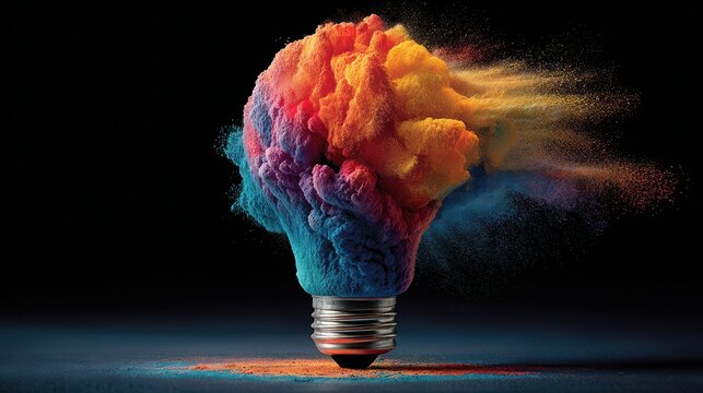 Creative lightbulb exploding with vibrant colors against a dark backdrop, symbolizing innovation and imagination