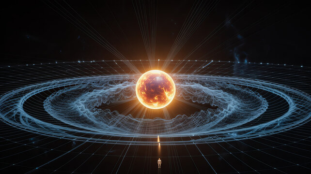 Surreal digital art features a glowing orb surrounded by a grid with a figure standing below, evoking wonder and science fiction storytelling, and abstract concepts