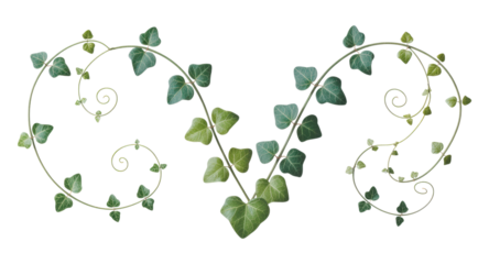 Elegant Symmetrical Green Ivy Vine Ornament with Swirling Branches, Heart-Shaped Leaves, and Lush Foliage in V Formation, Isolated on Transparent and White Background