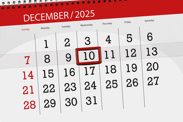 Calendar 2025, deadline, day, month, page, organizer, date, December, wednesday, number 10