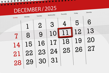 Calendar 2025, deadline, day, month, page, organizer, date, December, thursday, number 11