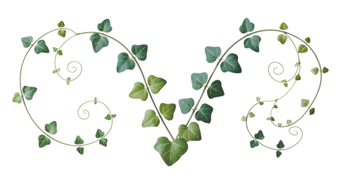 Elegant Symmetrical Green Ivy Vine Ornament with Swirling Branches, Heart-Shaped Leaves, and Lush Foliage in V Formation, Isolated on Transparent and White Background - Powered by Adobe