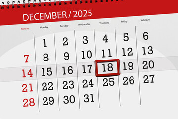 Calendar 2025, deadline, day, month, page, organizer, date, December, thursday, number 18