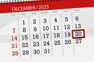 Calendar 2025, deadline, day, month, page, organizer, date, December, saturday, number 20