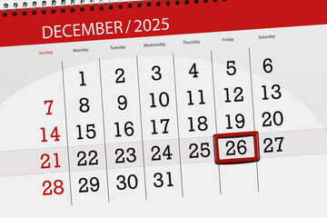 Calendar 2025, deadline, day, month, page, organizer, date, December, friday, number 26