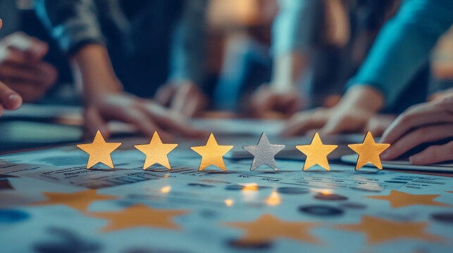 Team carefully evaluates feedback with golden stars representing customer satisfaction and performance metrics, driving business success and improvement initiatives.