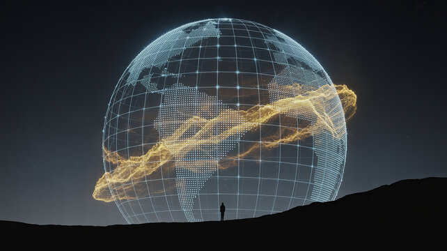 Global innovation connecting people worldwide, a futuristic earth with golden energy stream, standing for global network and business connection concepts