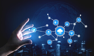 A futuristic hand reaches toward a vibrant digital interface featuring cloud technology symbols in a modern cityscape, representing innovation and connectivity. Tessel