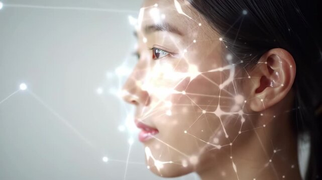 Asian woman's face with facial recognition tech overlay, blurred background, for identity verification or security concept