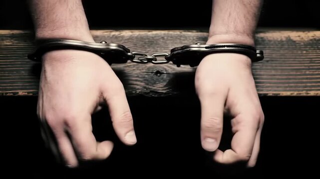 Cuffed hands on wood, symbolizing imprisonment. Image for law enforcement or justice system-related themes