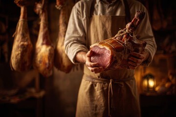 A butcher holding a cured ham leg in his hands, showcasing traditional meat preparation, with several hams hanging in the background in a warm, inviting atmosphere.