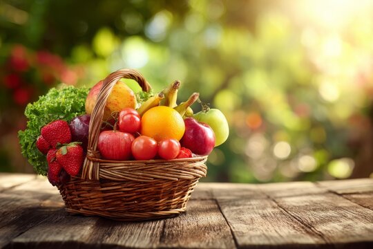A charming rustic basket overflowing with fresh and colorful fruits, creating a vibrant display of nature's bounty on weathered wooden table, ideal for healthy eating.