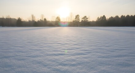 Sparkling Snowfield with Sun Glare and Distant Trees Background