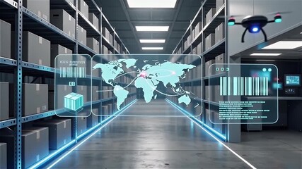 A modern warehouse featuring drones and digital displays for inventory management. - Powered by Adobe