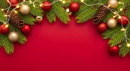 Vibrant Red Christmas Background with Pine Branches and Fairy Lights
