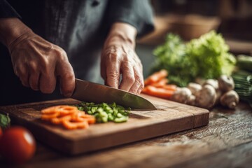 Preparing fresh vegetables on a wooden cutting board, slicing green peppers for a healthy and vibrant salad, with carrots, mushrooms, and herbs in the background.