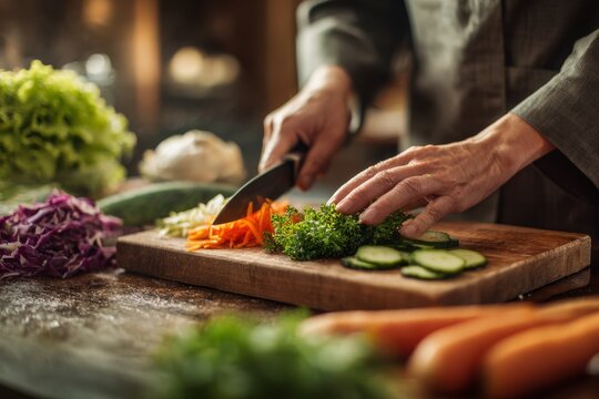 Close-up view of chef's hands chopping fresh vegetables on a wooden cutting board, creating healthy and colorful ingredient preparation for a delicious meal.