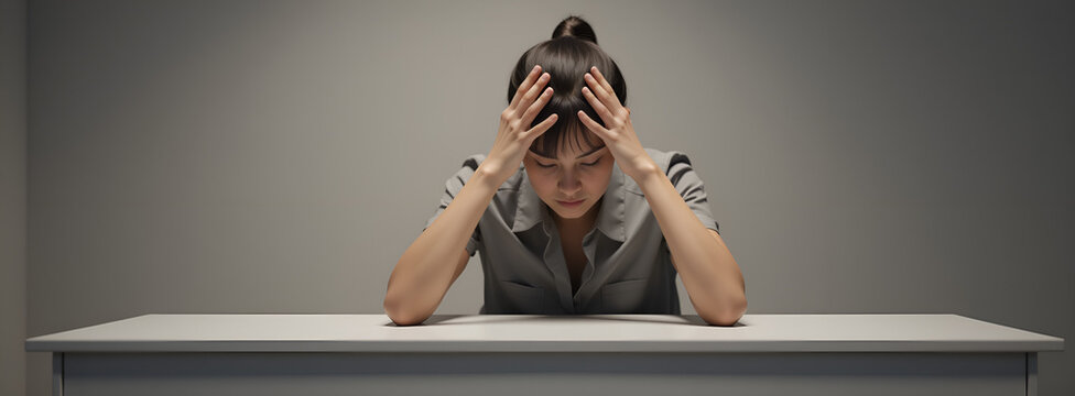 Young woman looking stressed with hands on head at a table  
