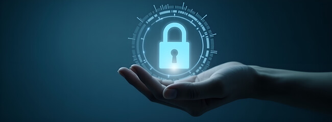 Hand holding digital padlock icon with futuristic data symbols  