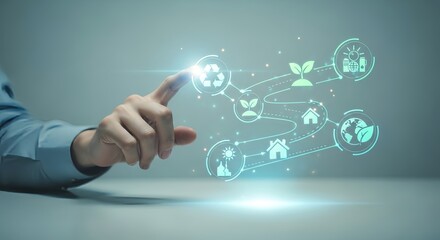 A person touching a digital interface displaying environmental sustainability icons in blue