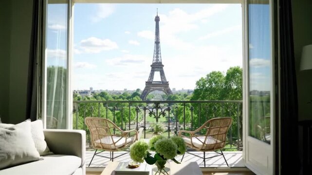 Luxurious Paris Apartment Balcony View Overlooking Iconic Eiffel Tower Through Open French Doors, with Cozy Rattan Chairs and White Floral Arrangements